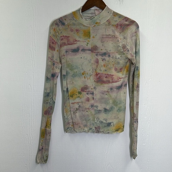 Free People - High Jump Fun Watercolor Pattern Mock Neck Blouse Size Medium - Picture 7 of 10